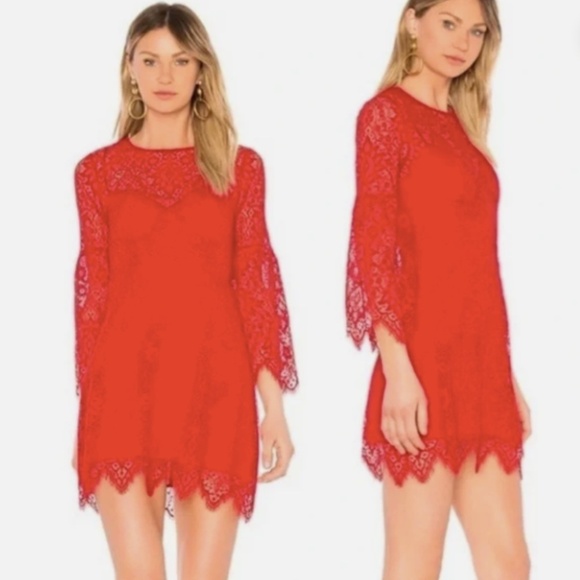Bcbg Max Azria Daniela Dress Red Lace Bell Sleeve Mini Cocktail Nwt 2 - Picture 2 of 8